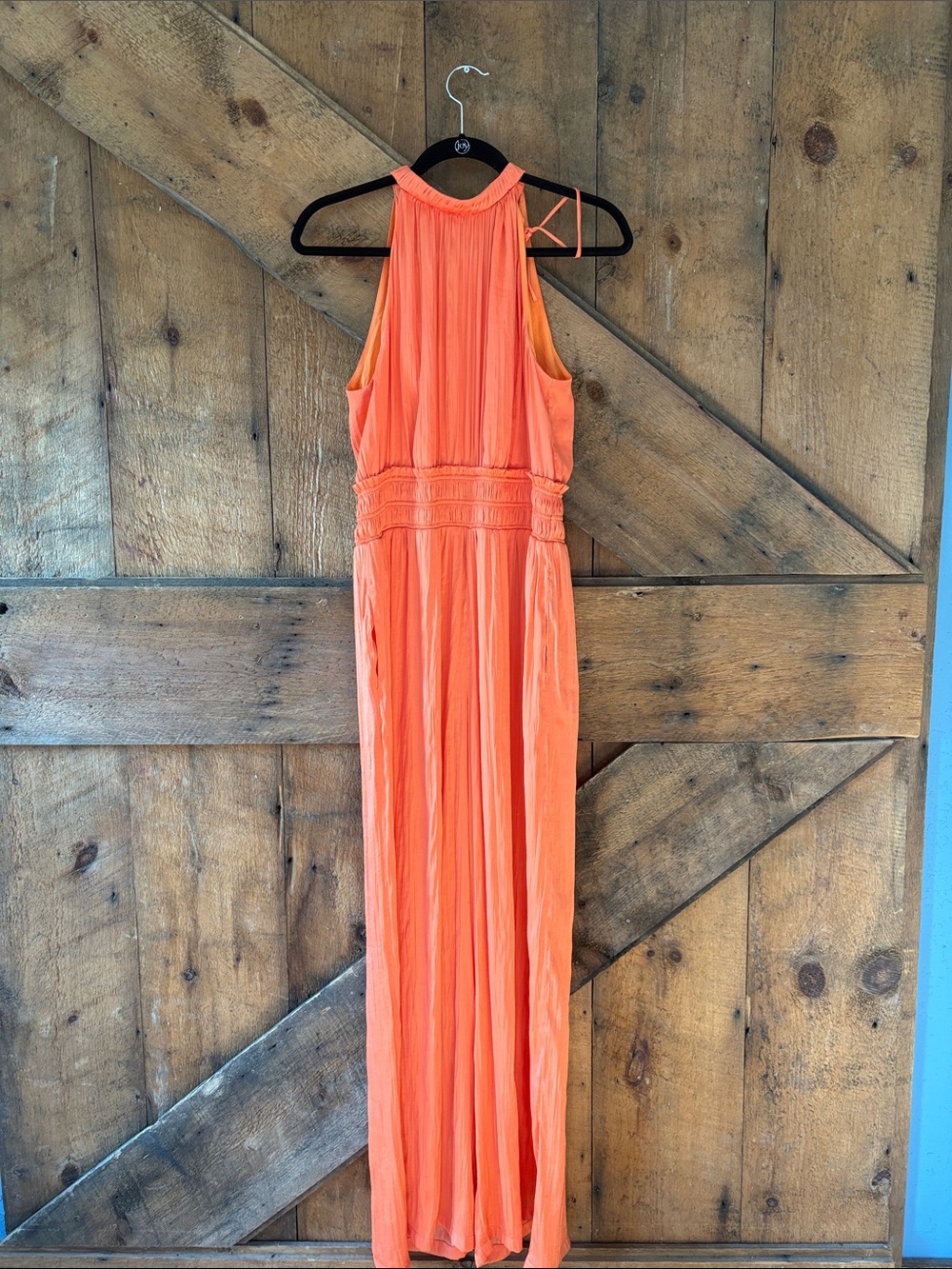 Anthropologie Orange Halter Wide Leg Jumpsuit Smocked Waist Coral Small